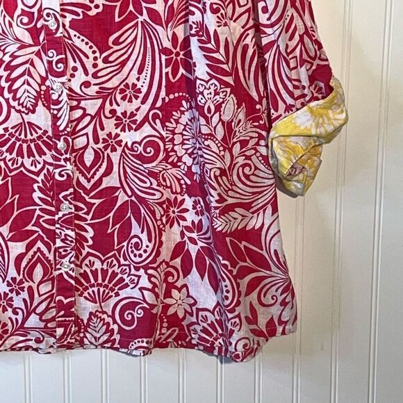 Pappagallo 3/4 Sleeve Button Up Top Women 3X Pink Yellow Tropical Peekaboo Cuffs - Picture 5 of 12